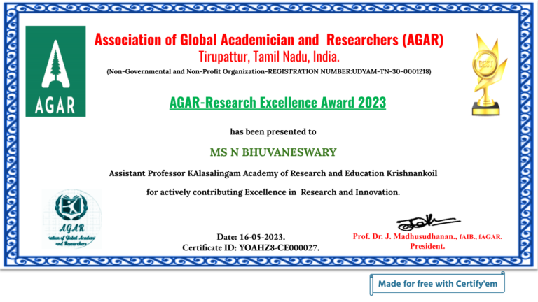 AGAR Research Excellence Award 2023 – Ms. N. Bhuvaneswary