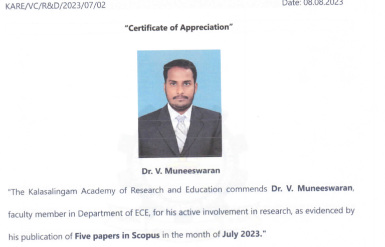 Certificate of Appreciateion – Dr. V. Muneeswaran