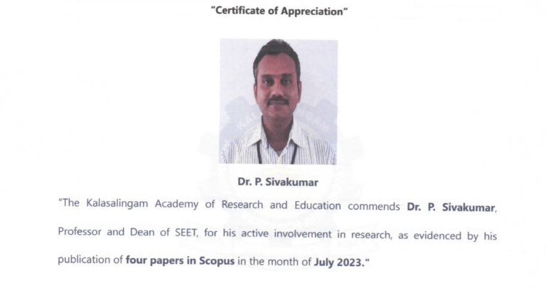 Certificate of Appreciateion – Dr. P. Sivakumar